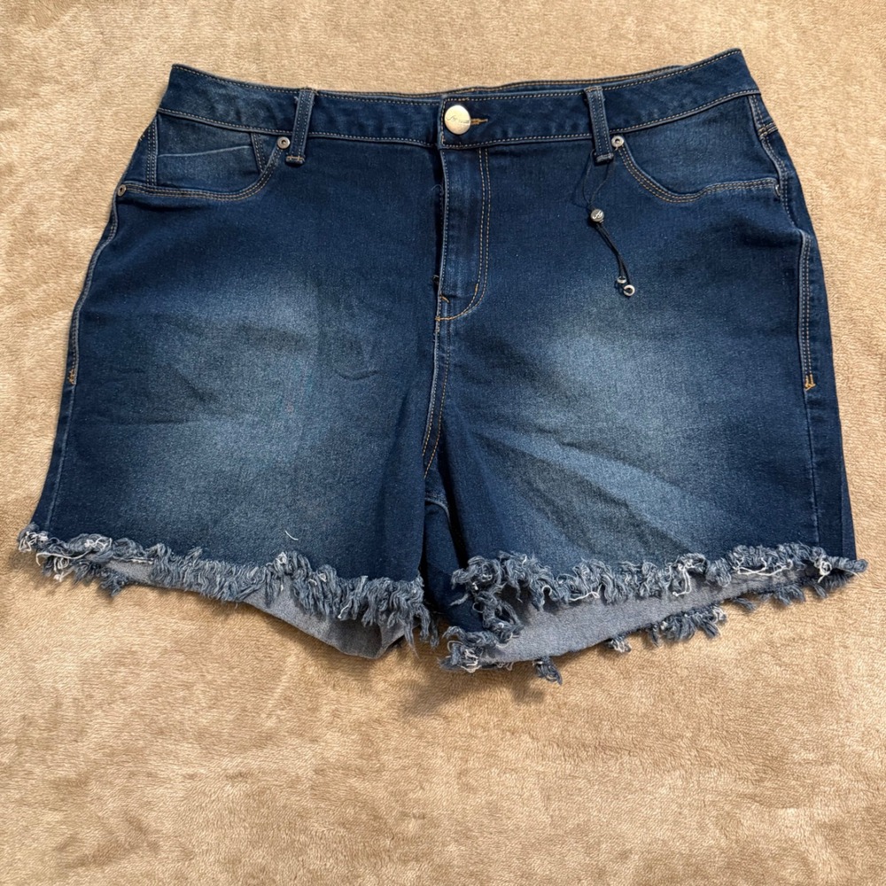 AG Denim Womens 18W Dark Wash Frayed Raw Hem Stretch Jean Shorts